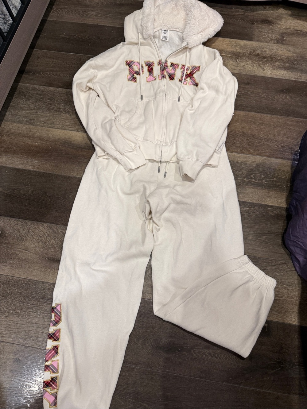 PINK Victoria's Secret Faux Fur Cream Hoodie & Joggers with Pink Plaid Logo